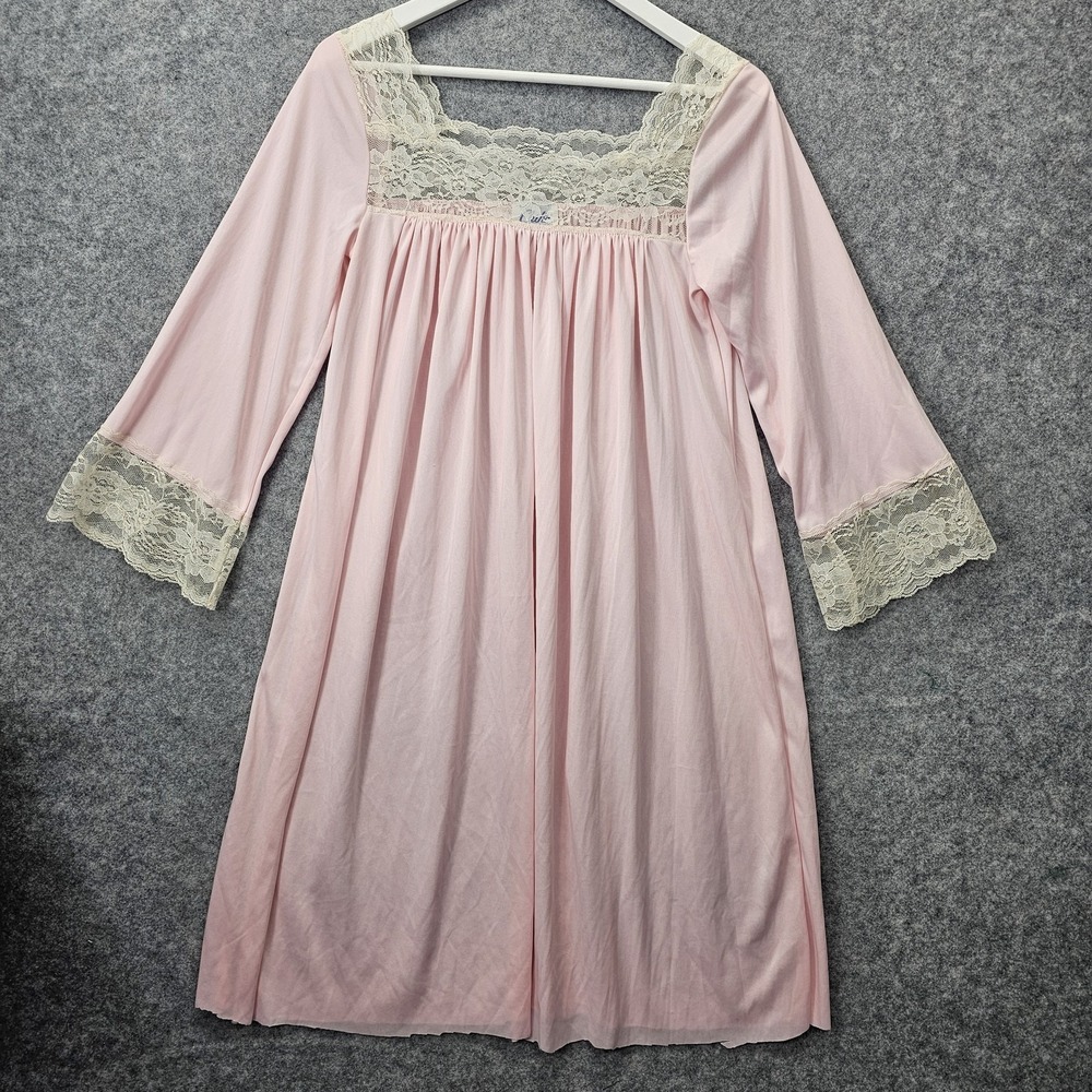 Vintage 80s Nightgown Womens XS Pink Lace Trim CHIHA Sleep Dress Dollette USA